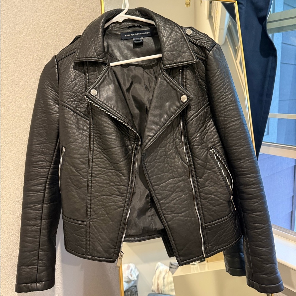 French Connection leather moto jacket with removable collar.